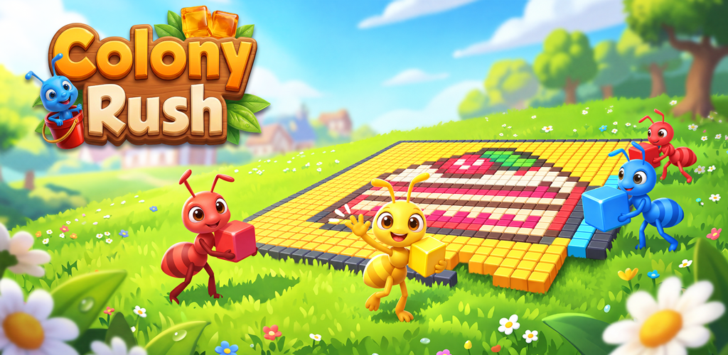 Colony Rush! game banner showing colorful ants sorting cubes to reveal pixel art